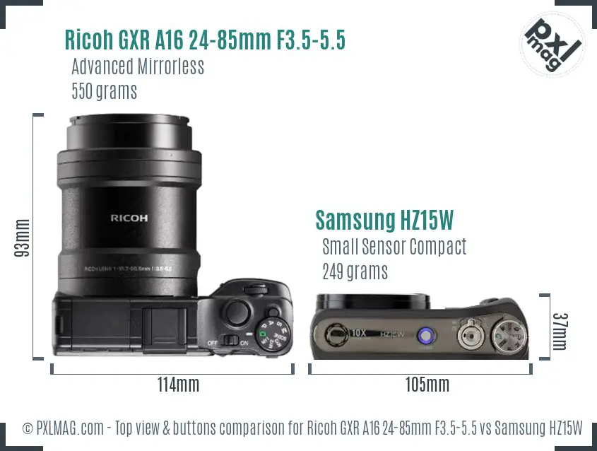 Ricoh GXR A16 24-85mm F3.5-5.5 vs Samsung HZ15W top view buttons comparison
