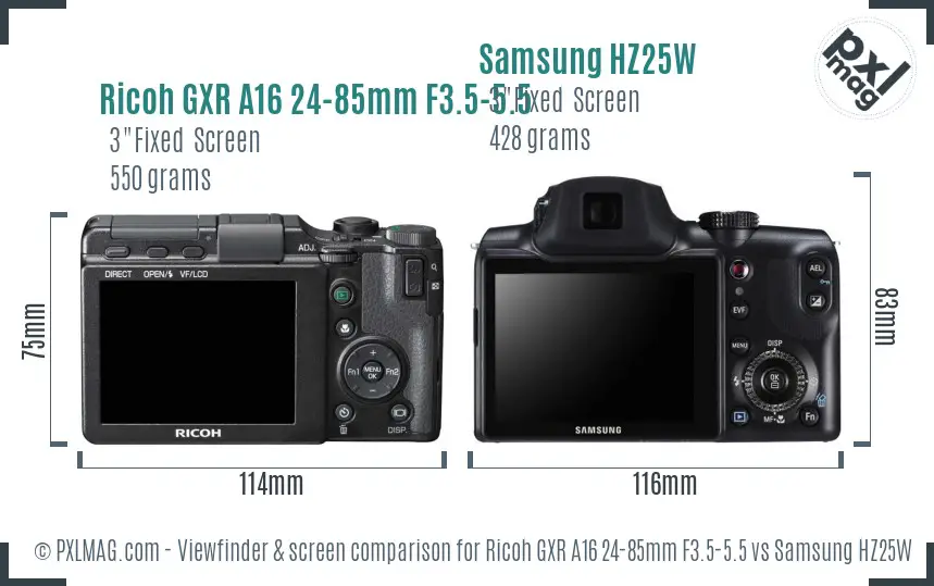 Ricoh GXR A16 24-85mm F3.5-5.5 vs Samsung HZ25W Screen and Viewfinder comparison