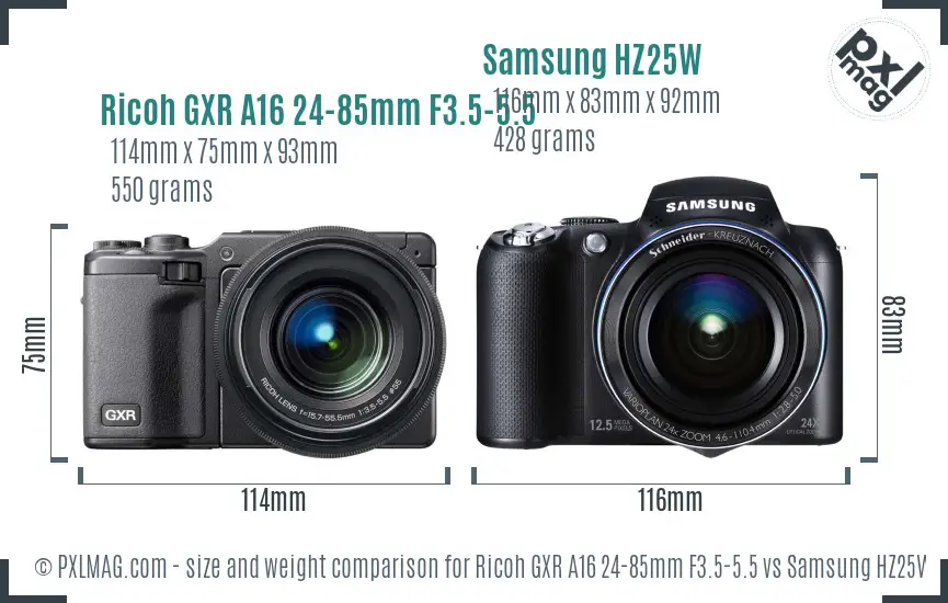 Ricoh GXR A16 24-85mm F3.5-5.5 vs Samsung HZ25W size comparison