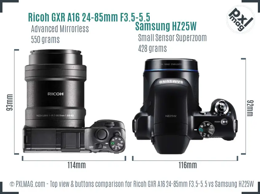 Ricoh GXR A16 24-85mm F3.5-5.5 vs Samsung HZ25W top view buttons comparison