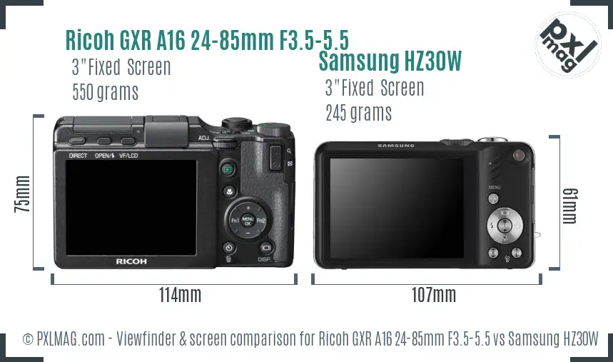 Ricoh GXR A16 24-85mm F3.5-5.5 vs Samsung HZ30W Screen and Viewfinder comparison