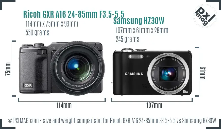 Ricoh GXR A16 24-85mm F3.5-5.5 vs Samsung HZ30W size comparison