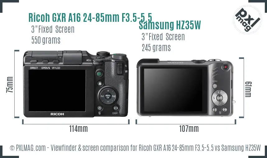 Ricoh GXR A16 24-85mm F3.5-5.5 vs Samsung HZ35W Screen and Viewfinder comparison