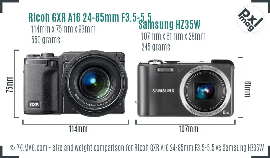 Ricoh GXR A16 24-85mm F3.5-5.5 vs Samsung HZ35W size comparison