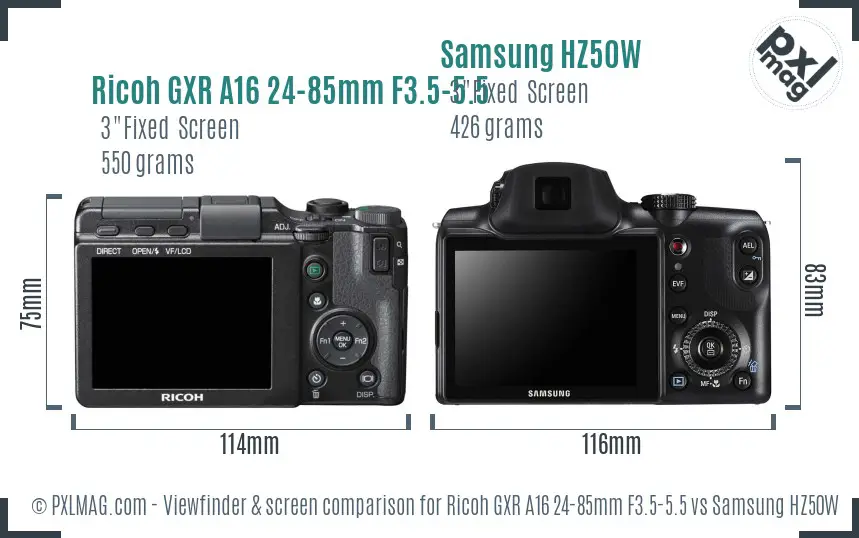 Ricoh GXR A16 24-85mm F3.5-5.5 vs Samsung HZ50W Screen and Viewfinder comparison
