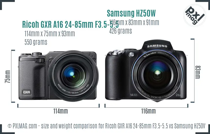 Ricoh GXR A16 24-85mm F3.5-5.5 vs Samsung HZ50W size comparison