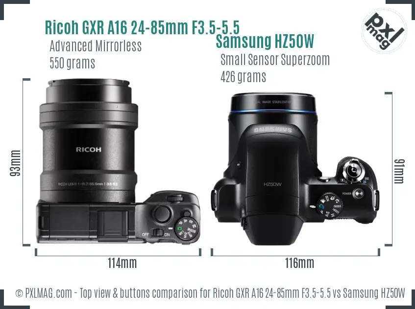 Ricoh GXR A16 24-85mm F3.5-5.5 vs Samsung HZ50W top view buttons comparison