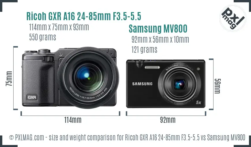 Ricoh GXR A16 24-85mm F3.5-5.5 vs Samsung MV800 size comparison