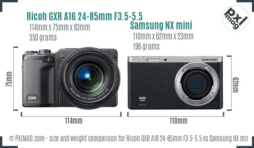 Ricoh GXR A16 24-85mm F3.5-5.5 vs Samsung NX mini size comparison