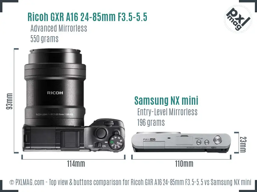 Ricoh GXR A16 24-85mm F3.5-5.5 vs Samsung NX mini top view buttons comparison