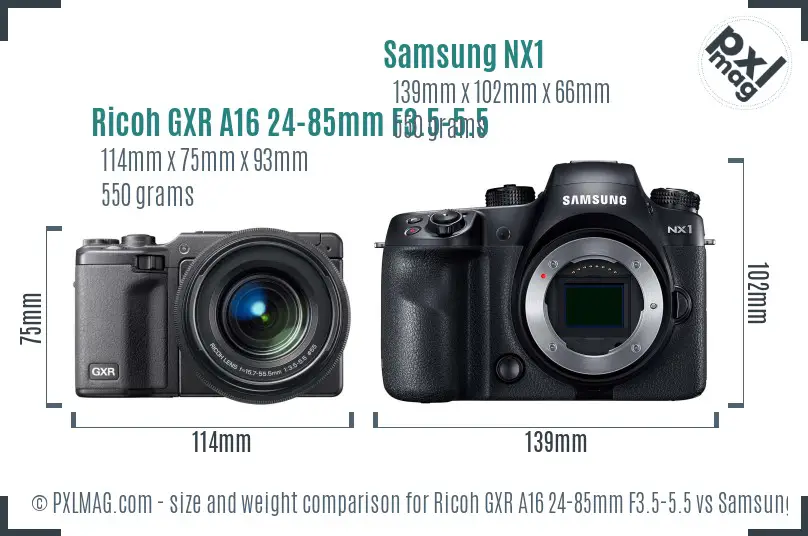 Ricoh GXR A16 24-85mm F3.5-5.5 vs Samsung NX1 size comparison