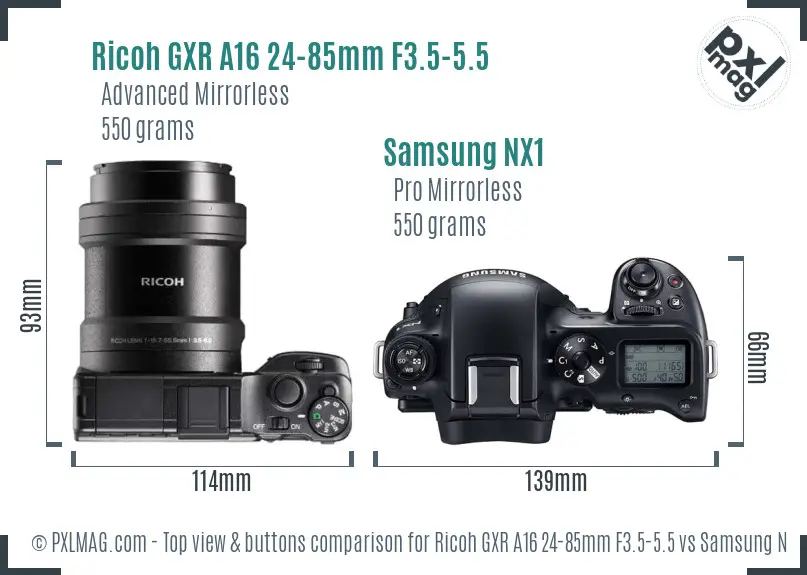 Ricoh GXR A16 24-85mm F3.5-5.5 vs Samsung NX1 top view buttons comparison
