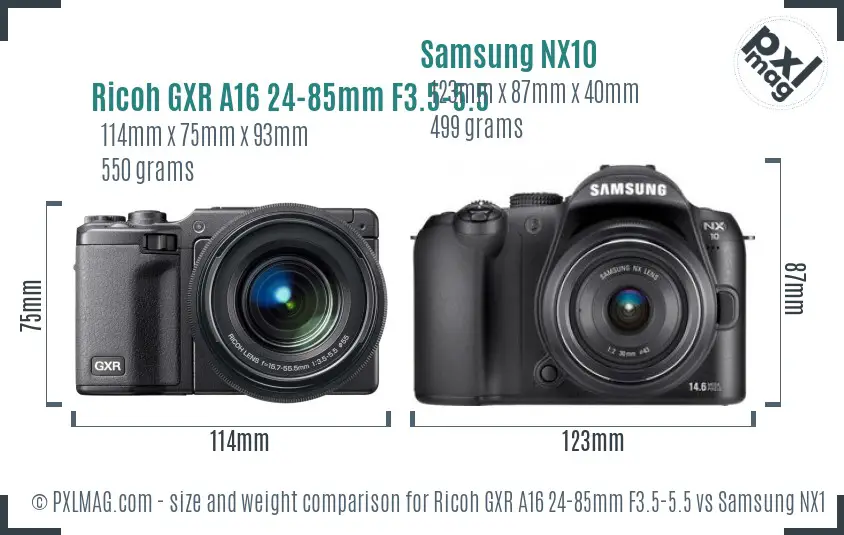 Ricoh GXR A16 24-85mm F3.5-5.5 vs Samsung NX10 size comparison