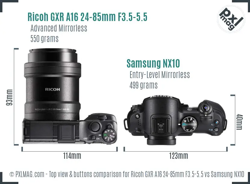 Ricoh GXR A16 24-85mm F3.5-5.5 vs Samsung NX10 top view buttons comparison