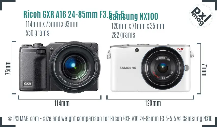 Ricoh GXR A16 24-85mm F3.5-5.5 vs Samsung NX100 size comparison