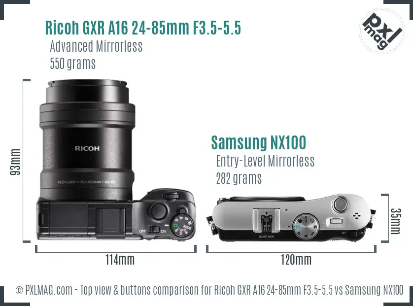 Ricoh GXR A16 24-85mm F3.5-5.5 vs Samsung NX100 top view buttons comparison