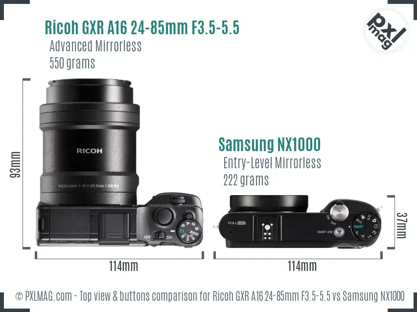 Ricoh GXR A16 24-85mm F3.5-5.5 vs Samsung NX1000 top view buttons comparison