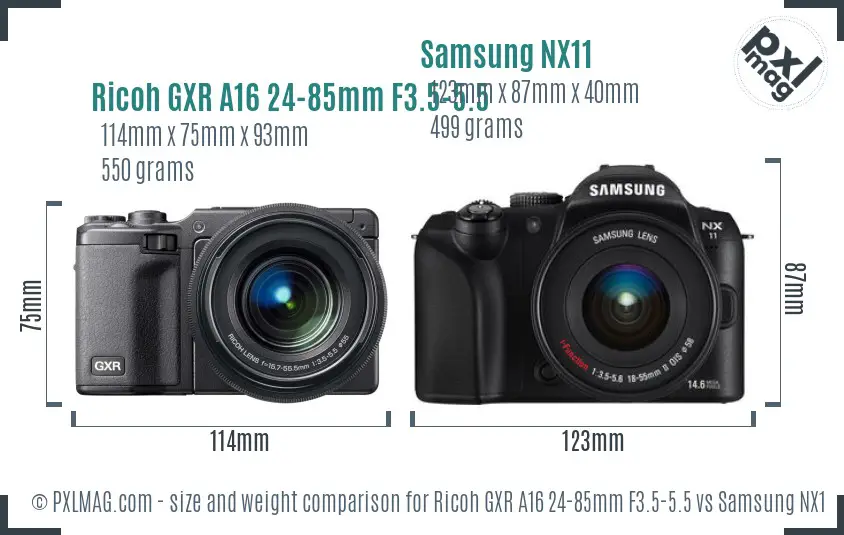 Ricoh GXR A16 24-85mm F3.5-5.5 vs Samsung NX11 size comparison