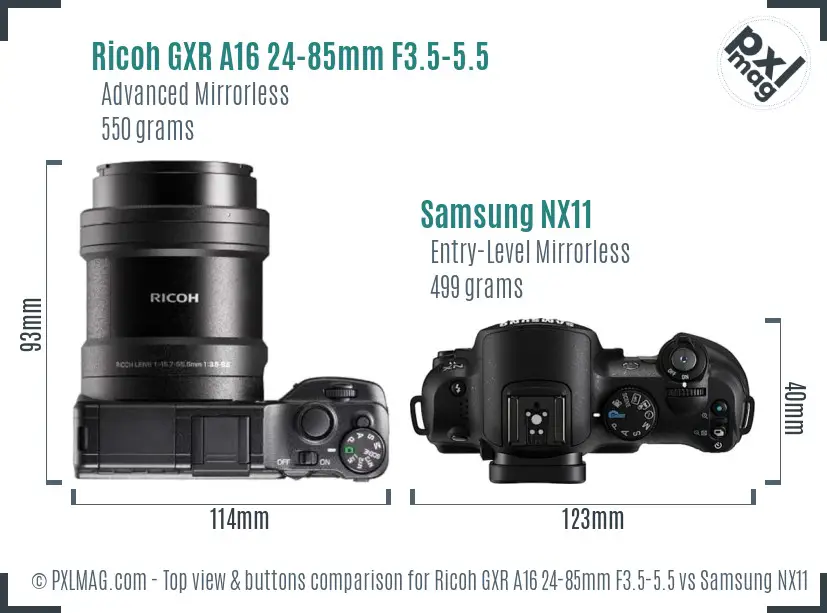 Ricoh GXR A16 24-85mm F3.5-5.5 vs Samsung NX11 top view buttons comparison