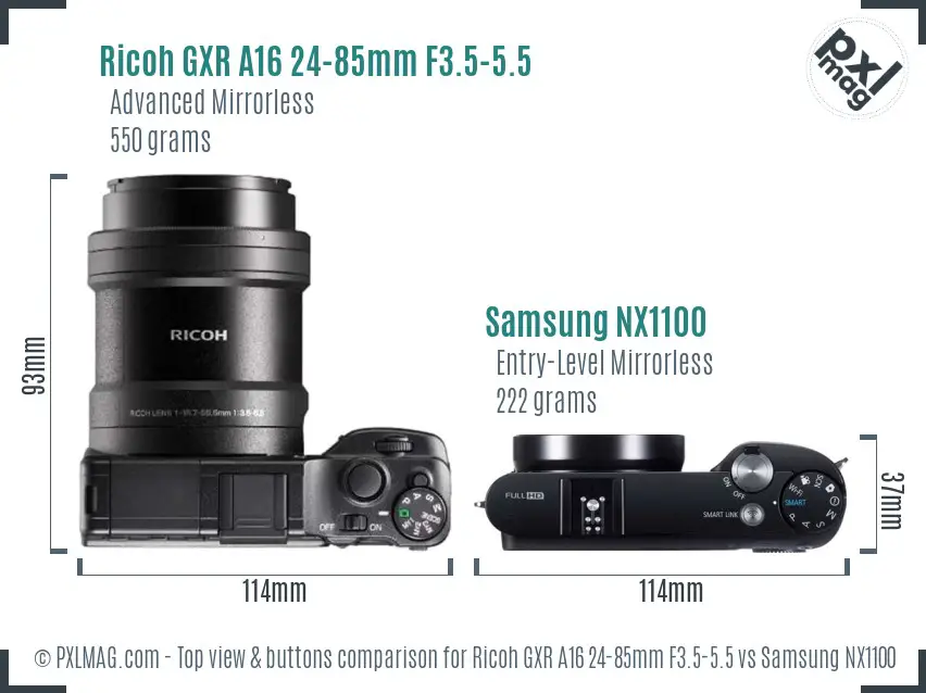 Ricoh GXR A16 24-85mm F3.5-5.5 vs Samsung NX1100 top view buttons comparison