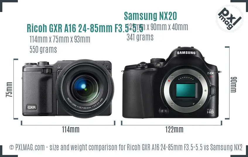 Ricoh GXR A16 24-85mm F3.5-5.5 vs Samsung NX20 size comparison
