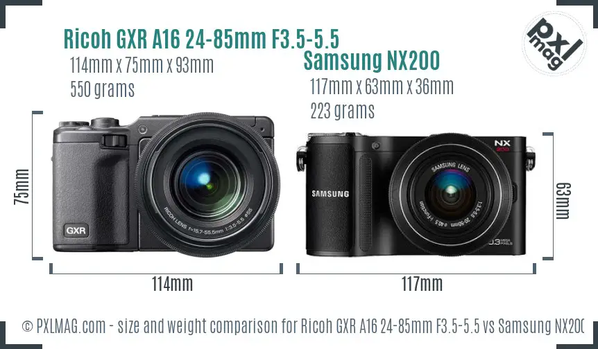 Ricoh GXR A16 24-85mm F3.5-5.5 vs Samsung NX200 size comparison