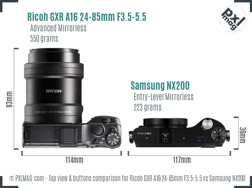 Ricoh GXR A16 24-85mm F3.5-5.5 vs Samsung NX200 top view buttons comparison