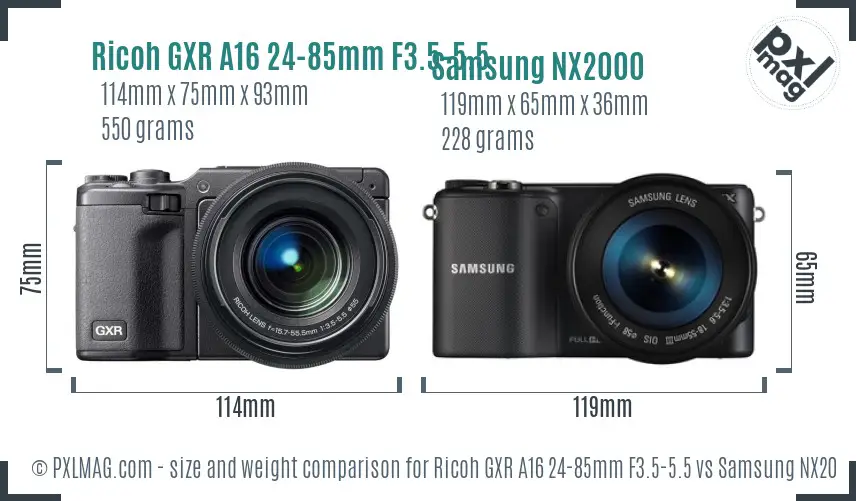 Ricoh GXR A16 24-85mm F3.5-5.5 vs Samsung NX2000 size comparison