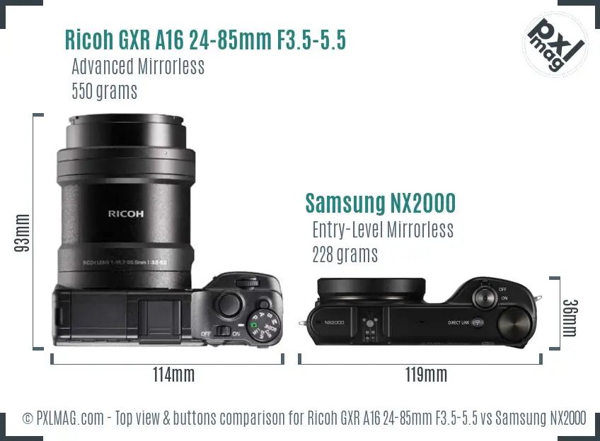 Ricoh GXR A16 24-85mm F3.5-5.5 vs Samsung NX2000 top view buttons comparison