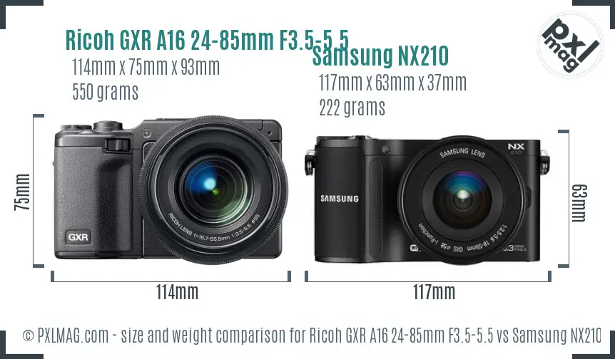 Ricoh GXR A16 24-85mm F3.5-5.5 vs Samsung NX210 size comparison