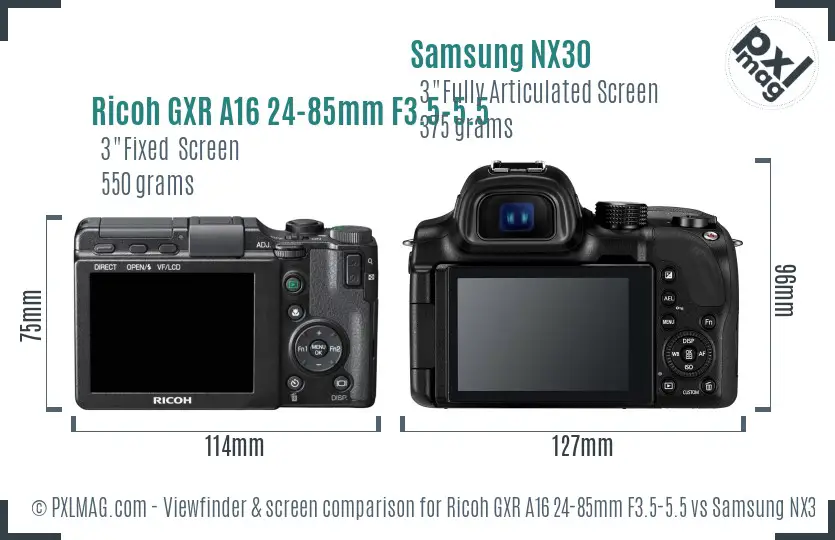 Ricoh GXR A16 24-85mm F3.5-5.5 vs Samsung NX30 Screen and Viewfinder comparison