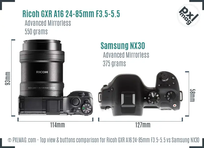 Ricoh GXR A16 24-85mm F3.5-5.5 vs Samsung NX30 top view buttons comparison