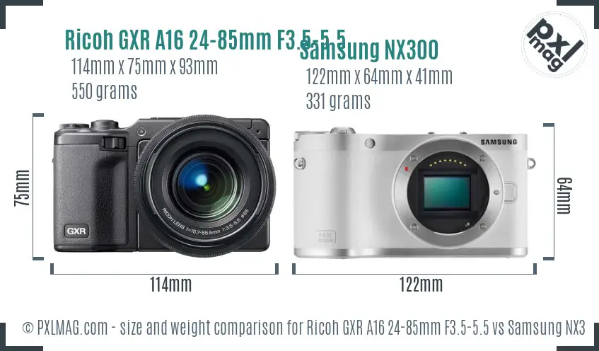 Ricoh GXR A16 24-85mm F3.5-5.5 vs Samsung NX300 size comparison