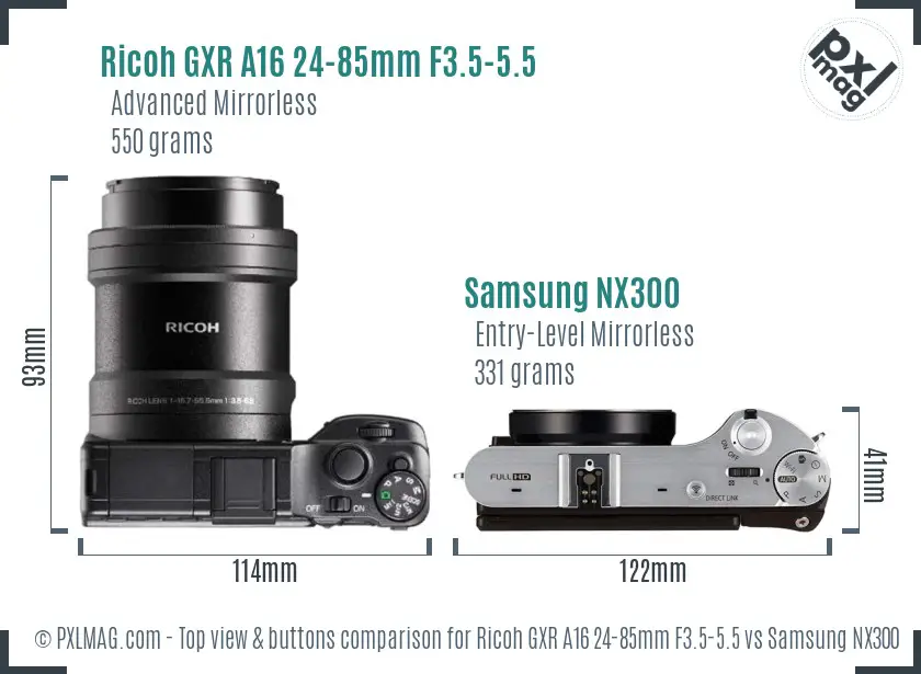 Ricoh GXR A16 24-85mm F3.5-5.5 vs Samsung NX300 top view buttons comparison