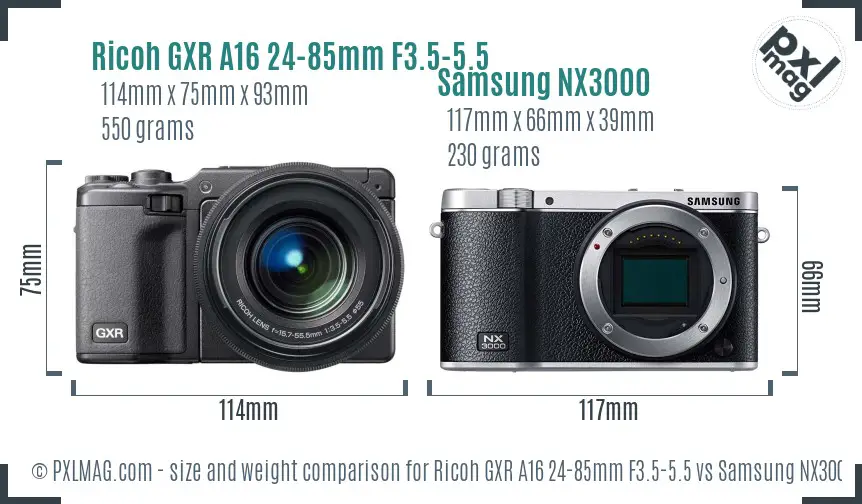 Ricoh GXR A16 24-85mm F3.5-5.5 vs Samsung NX3000 size comparison