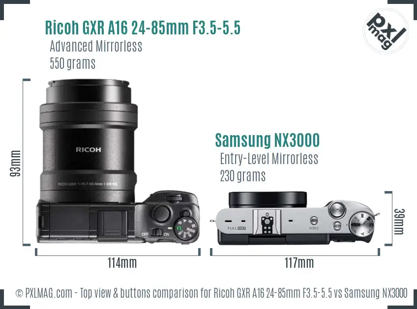 Ricoh GXR A16 24-85mm F3.5-5.5 vs Samsung NX3000 top view buttons comparison