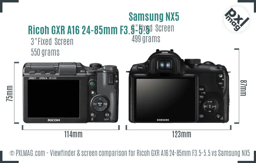 Ricoh GXR A16 24-85mm F3.5-5.5 vs Samsung NX5 Screen and Viewfinder comparison