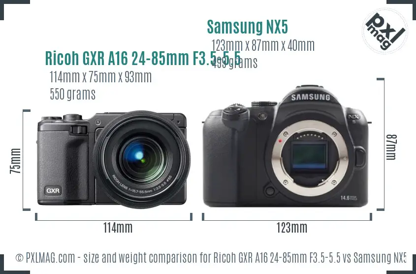 Ricoh GXR A16 24-85mm F3.5-5.5 vs Samsung NX5 size comparison