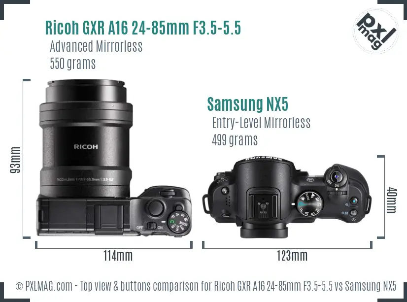 Ricoh GXR A16 24-85mm F3.5-5.5 vs Samsung NX5 top view buttons comparison