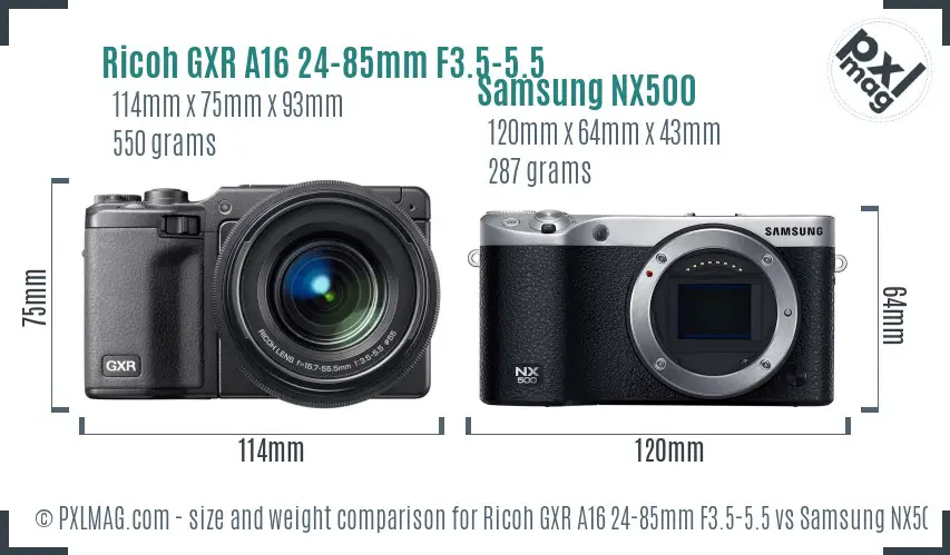 Ricoh GXR A16 24-85mm F3.5-5.5 vs Samsung NX500 size comparison