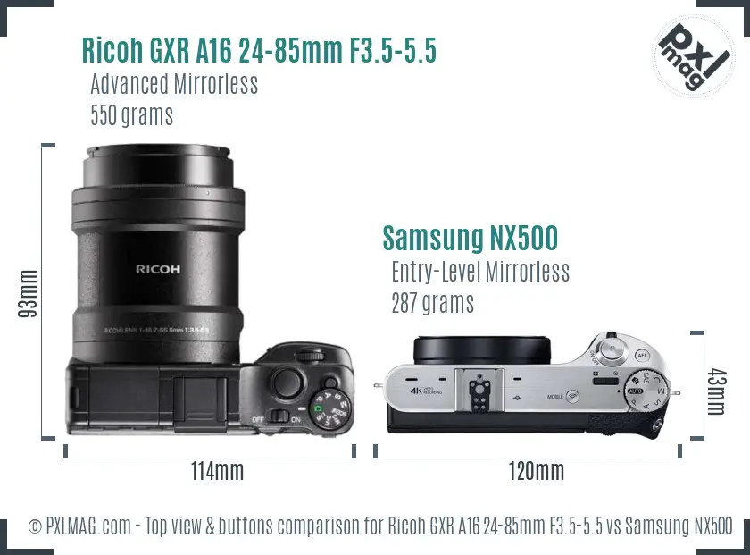 Ricoh GXR A16 24-85mm F3.5-5.5 vs Samsung NX500 top view buttons comparison