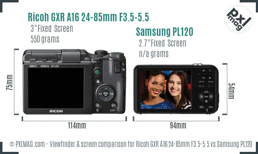 Ricoh GXR A16 24-85mm F3.5-5.5 vs Samsung PL120 Screen and Viewfinder comparison