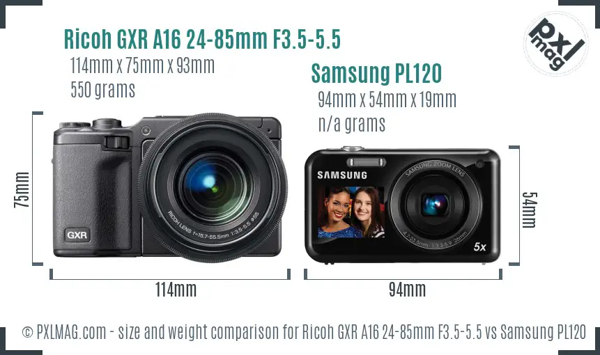 Ricoh GXR A16 24-85mm F3.5-5.5 vs Samsung PL120 size comparison