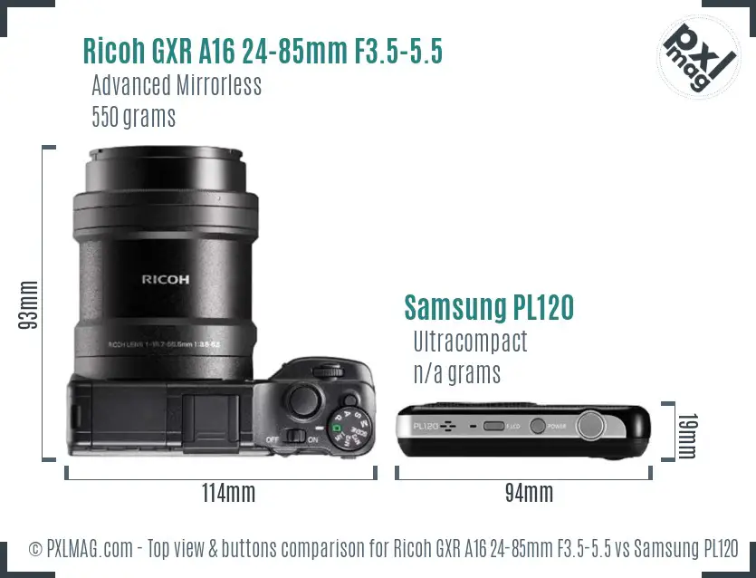 Ricoh GXR A16 24-85mm F3.5-5.5 vs Samsung PL120 top view buttons comparison