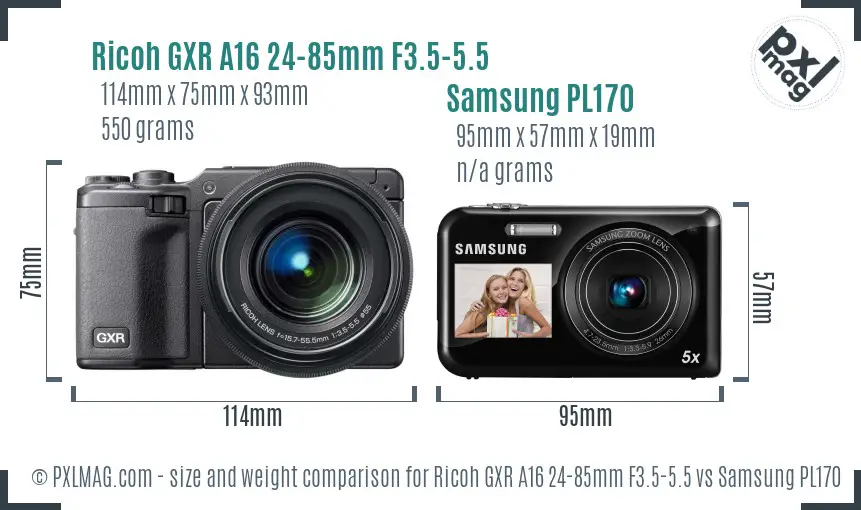 Ricoh GXR A16 24-85mm F3.5-5.5 vs Samsung PL170 size comparison