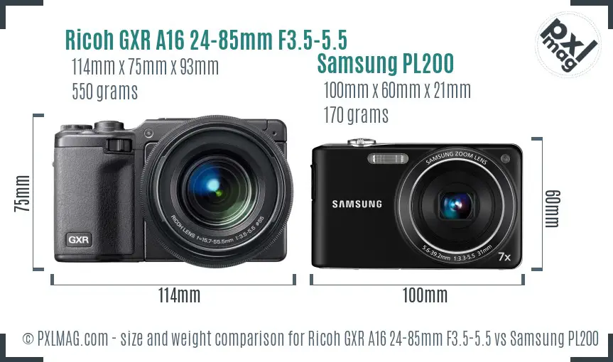Ricoh GXR A16 24-85mm F3.5-5.5 vs Samsung PL200 size comparison