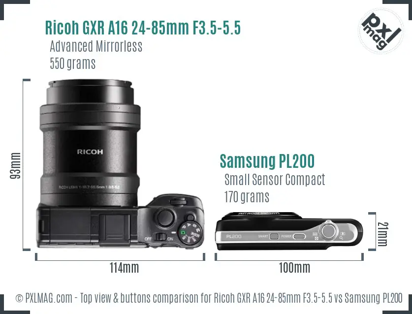 Ricoh GXR A16 24-85mm F3.5-5.5 vs Samsung PL200 top view buttons comparison