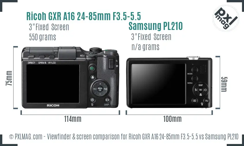 Ricoh GXR A16 24-85mm F3.5-5.5 vs Samsung PL210 Screen and Viewfinder comparison