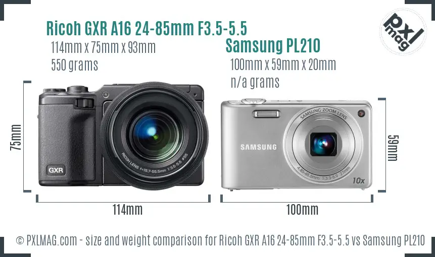 Ricoh GXR A16 24-85mm F3.5-5.5 vs Samsung PL210 size comparison