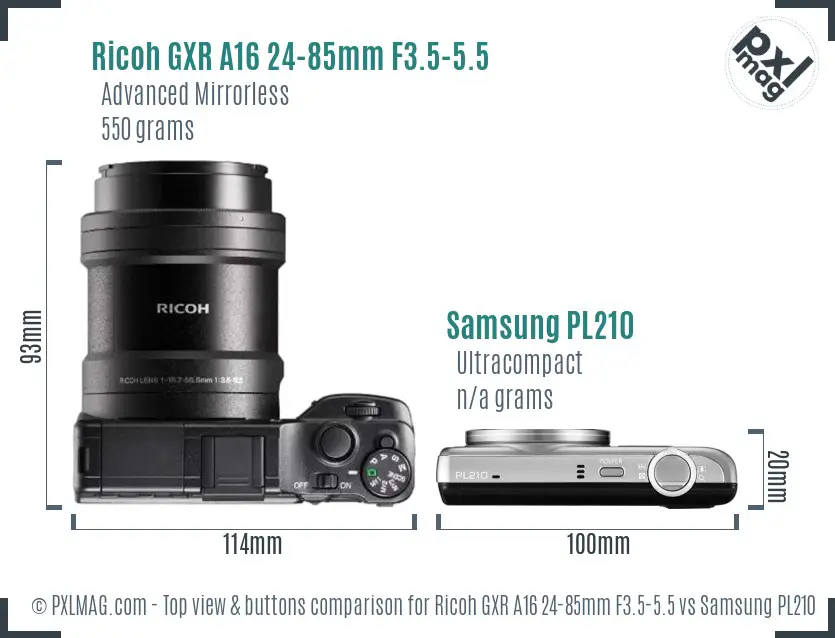 Ricoh GXR A16 24-85mm F3.5-5.5 vs Samsung PL210 top view buttons comparison